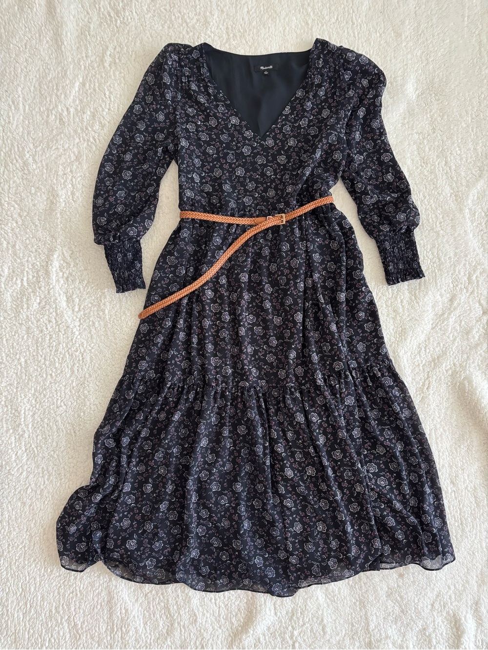 Madewell Georgette V-Neck Tiered Midi Dress Floral Puff Sleeve Size S